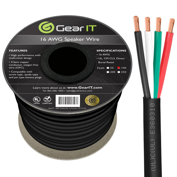 GearIT 16 AWG Direct Burial Speaker Wire 4-Conductor Bi-Wire Cables - CL3 Rated - Oxygen Free Copper (OFC), Black GearIT